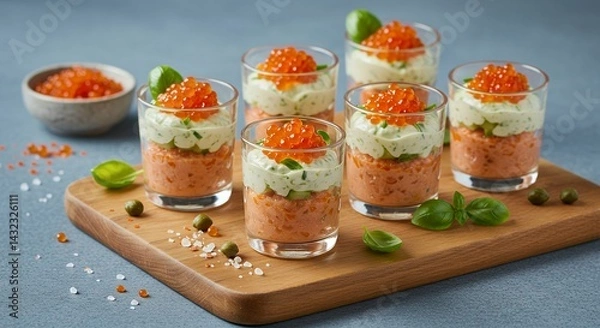 Obraz Indulge delectable verrines appetizer featuring layers savory salmon pate vibrant red caviar refreshing cucumber creamy cheese aromatic herbs tangy capers elegantly served glasses rustic wooden tray