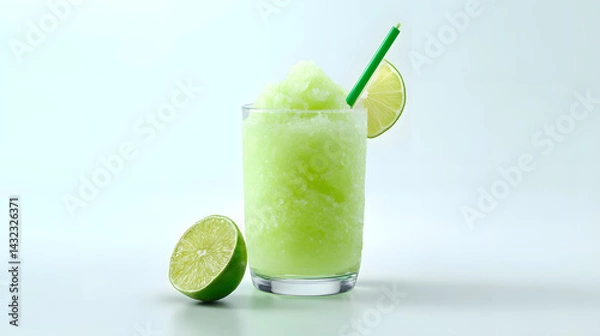 Fototapeta Refreshing Zesty Lime Slushy Drink in Glass with Fresh Lime Slices and Straw on Minimal Background