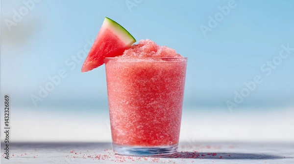 Fototapeta Refreshing Watermelon Slushy Drink with Ice Garnished with Watermelon Slice Against a Bright Background