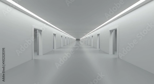 Obraz Immerse yourself empty white gray architectural interior featuring infinite expanse open doors creating endless corridor doorways symbolic walkaway labyrinth representing moving forward exploring