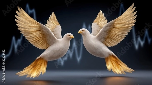 Fototapeta Two elegantly designed birds with golden wings soar against a dark backdrop, creating a striking visual contrast with a wave-like pattern.