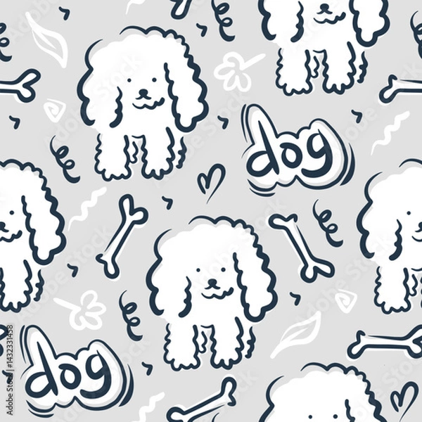 Fototapeta Vector pattern with cute poodle on pastel blue. Cute dog pattern. White dog seamless pattern for textile