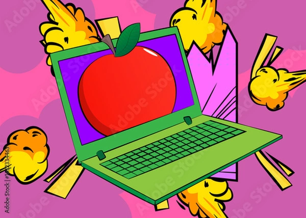 Fototapeta Cartoon Laptop, comic book Notebook with Apple. Retro vector comics pop art design.