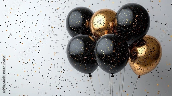 Fototapeta Black and gold balloons clustered together on a white background with confetti