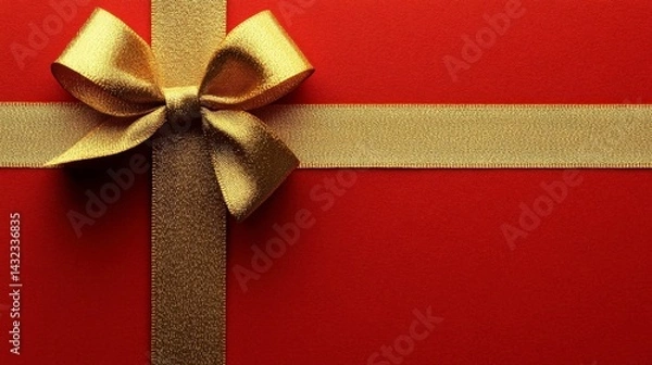 Obraz Top-view flat lay composition of a golden ribbon on a red background, perfect for gift card design with copy space for text, logos, or holiday greetings.
