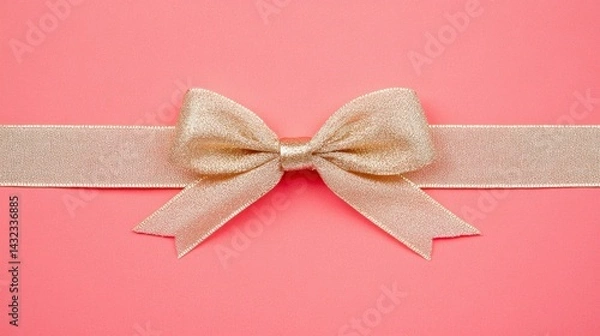 Obraz Red background with a golden ribbon in a flat lay top view, creating a luxurious gift card design template with copy space for personalized messages.