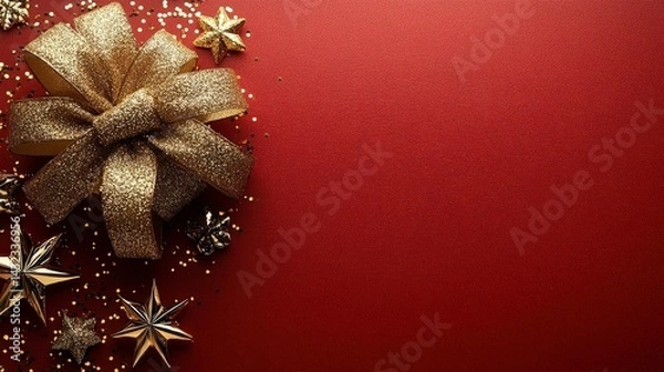 Obraz Flat lay top view of a golden ribbon on a red background, designed for gift card visuals with copy space for adding text, logos, or decorative elements.