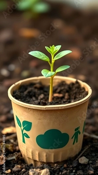Fototapeta Seedling growing in biodegradable pot promoting environmental conservation and sustainable gardening practices, bud, plant, environment