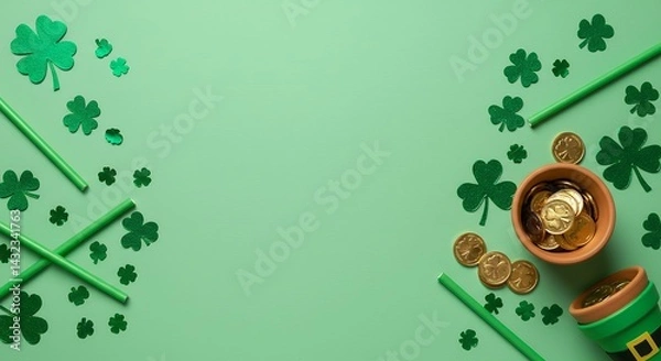 Obraz Discover festive top view photograph showcasing vibrant St Patrick's Day decorations featuring cheerful green shamrocks playful straws whimsical clover shaped confetti charming pot overflowing