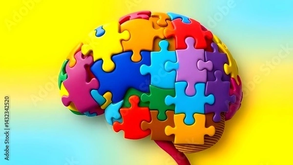 Fototapeta symbolizing the complexities of memory and cognitive function, Colorful puzzle pieces forming the shape of a human brain, brain, puzzle, 