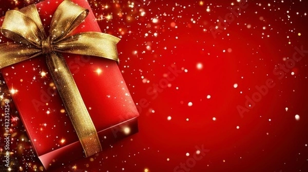 Obraz Red gift box displayed on a bright solid color background in a web banner, featuring flexible room for copy to accommodate text, slogans, or branding elements.