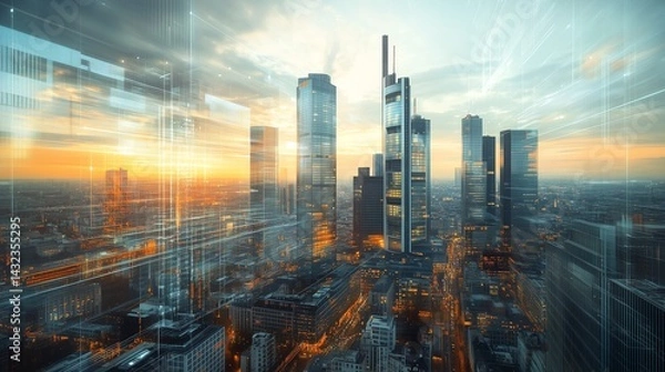 Fototapeta Futuristic cityscape of Frankfurt with glass skyscrapers featuring digital overlays and a clean composition