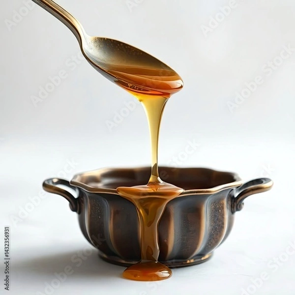 Fototapeta Honey dripping from a spoon into a container on a white background, low angle perspective,  with generative ai