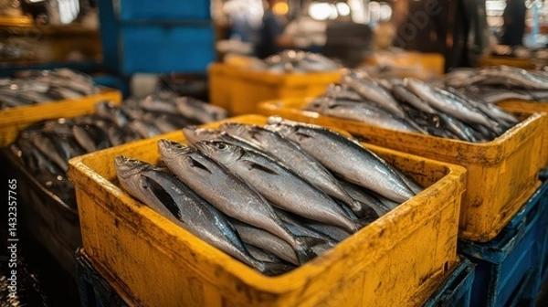 Obraz Freshly caught fish displayed in yellow crates at a bustling seafood market