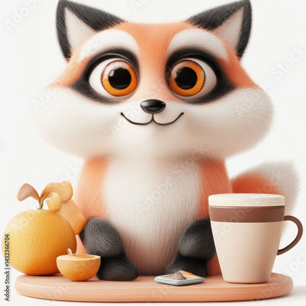 Obraz Cute 3d snow fox sitting comfortably with a cup of coffee in its paws against a beautiful winter backdrop