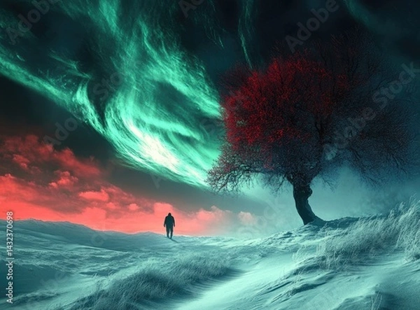 Fototapeta Man Standing on Snowy Field Under Northern Lights. Vibrant Green Aurora Borealis with Red Sky Glow, Scandinavian Winter Landscape, Nighttime Arctic Nature Scene