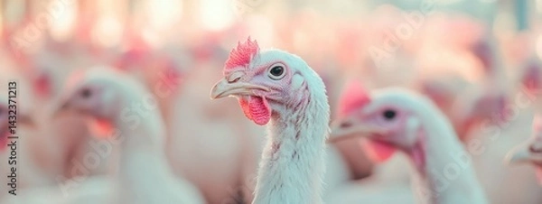 Fototapeta A close-up of a turkey amidst a flock, showcasing its features and environment.