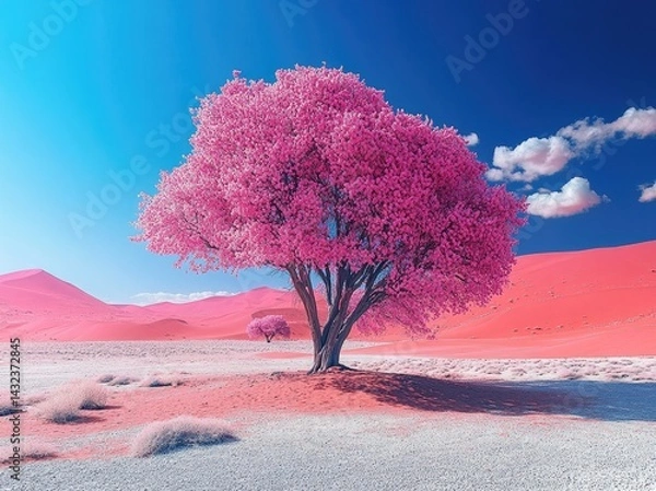 Fototapeta Dead Tree in Sossusvlei Desert, Namibia. Vivid Red Sand Dunes, Blue Sky, High-Contrast Natural Light, Sharp Shadows, Soft Glow, and Professional Editorial Landscape Scene