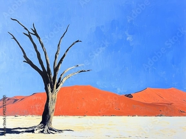 Fototapeta Dead Tree in Sossusvlei Desert, Namibia. Vivid Red Sand Dunes, Blue Sky, High-Contrast Natural Light, Sharp Shadows, Soft Glow, and Professional Editorial Landscape Scene