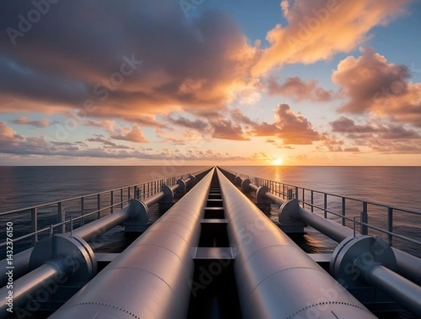 Obraz A captivating image of a long pipeline running along the ocean, with the setting sun illuminating the scene, highlighting the connection between industrial engineering and the natural world.


