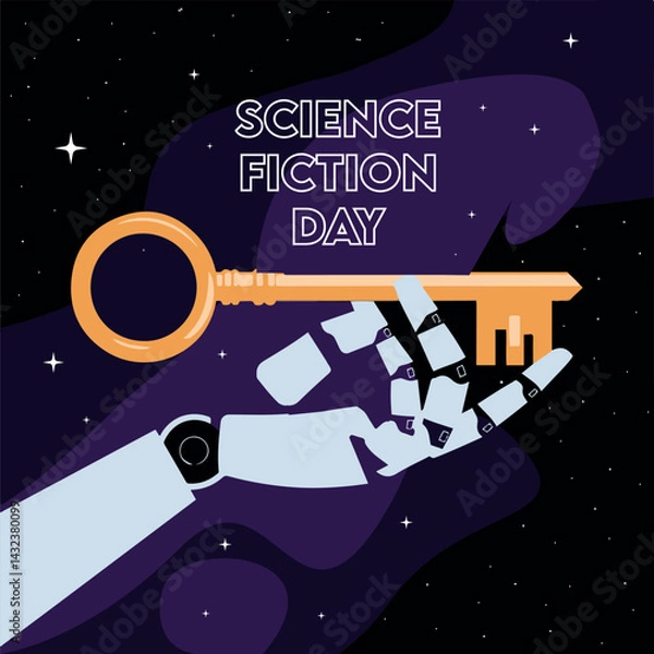 Obraz Science Fiction Day Poster with Robotic Hand Holding Golden Key – Futuristic Vector Design