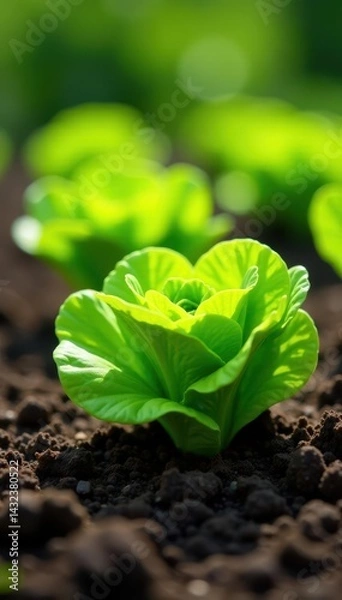 Fototapeta Healthy lettuce plants thrive in sunlight-drenched soil, showcasing lush foliage , summer, macro