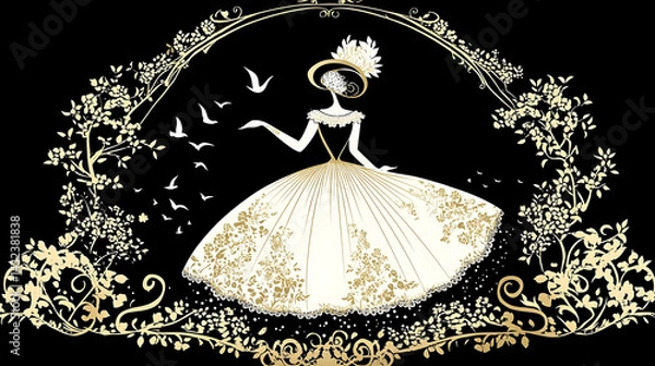 Fototapeta Elegant silhouette of a lady in a grand gown surrounded by decorative foliage and birds.
