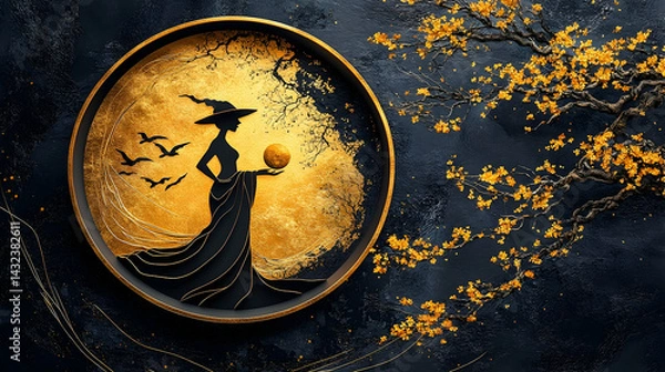 Fototapeta Golden, mysterious figure in a witch's hat, holding an , framed by the moon.
