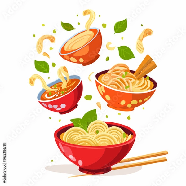 Fototapeta Flying cartoon Asian food set. Falling bowls with hot noodles and soup