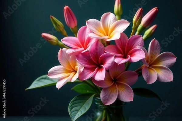 Fototapeta A Delicate Bouquet of Pink and Yellow Flowers in a Glass Vase, Displayed Against a Dark Background, Showcasing the Beauty of Nature's Blossoms