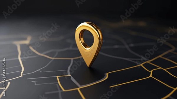 Fototapeta golden location pin stands prominently dark map, showcasing intricate lines and pathways. This striking image captures essence of navigation and modern technology, evoking sense of exploration