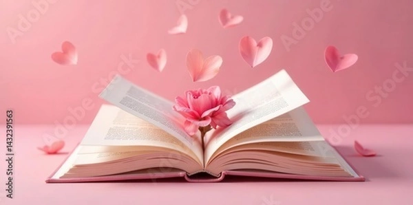 Fototapeta A pink rose blossoms from the pages of an open book, surrounded by delicate, floating heart-shaped petals on a pale pink background.