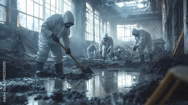 Fototapeta Workers in hazmat suits cleaning a flooded room, symbolizing disaster recovery and environmental cleanup,


