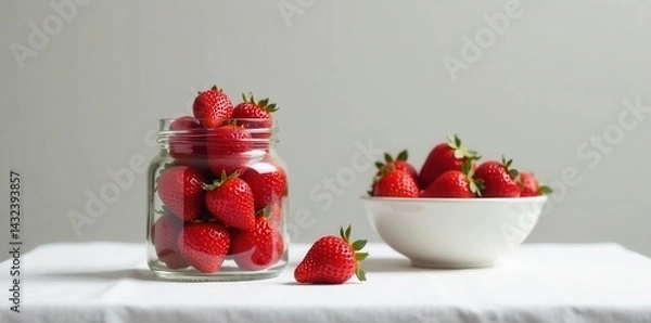 Fototapeta A glass jar brimming with fresh, ripe strawberries sits on a white tablecloth, accompanied by a bowl of additional strawberries; a delightful summer still life.