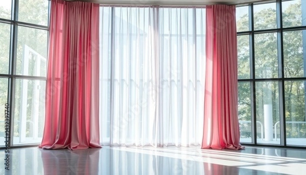 Fototapeta Room with large windows and red curtains