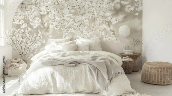 Obraz A serene bedroom featuring a light and airy cherry blossom mural.
