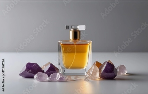 Fototapeta Amber perfume in a clear glass bottle sits on a white surface, surrounded by amethyst and rose quartz crystals.  The scene is minimalist and elegant, suggesting luxury and natural scents.