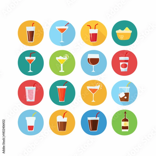 Fototapeta Set of vector icons representing various drinks and beverages including soda and cocktails
