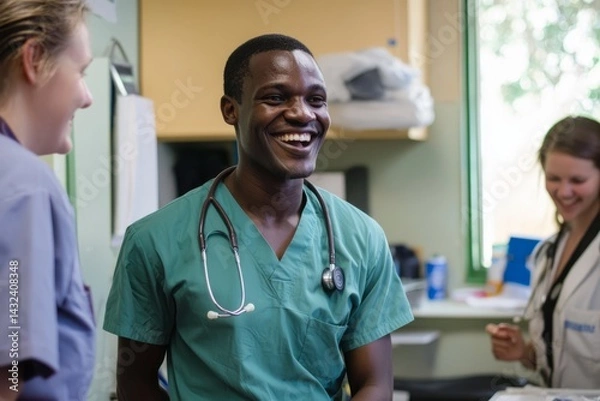 Fototapeta A staff room with a few medical workers chatting and laughing. A doctor takes a moment to enjoy their break, smiling. The mood is lighthearted and friendly