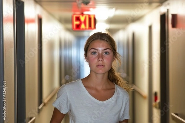 Fototapeta A narrow hospital corridor with emergency exit signs. A nurse walks quickly, carrying a tray with medication. The mood is urgent and efficient 
