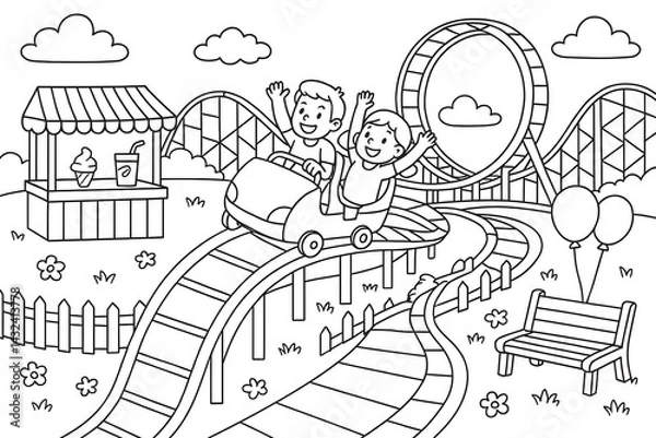 Obraz Children Riding Roller Coaster at Amusement Park Coloring Page