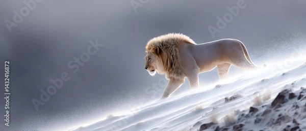 Fototapeta A lion is walking on a snowy hill