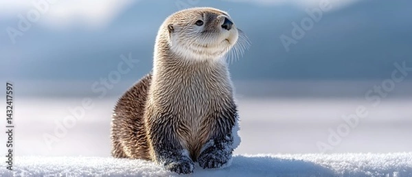 Fototapeta A small brown and white otter is standing on a snowy surface