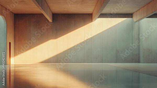 Fototapeta spacious, empty concrete room is illuminated by sunlight streaming through large window, casting warm glow on polished floor. minimalist architecture features clean lines and serene atmosphere