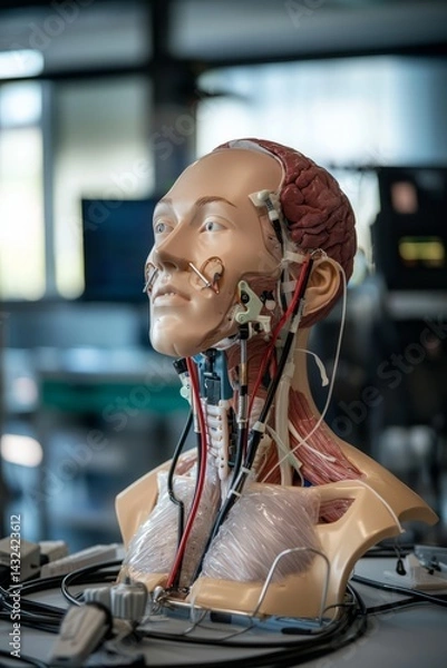 Fototapeta A surgical skills lab with practice dummies and equipment. A medical student uses a laparoscopic training tool. The mood is intense and precise 