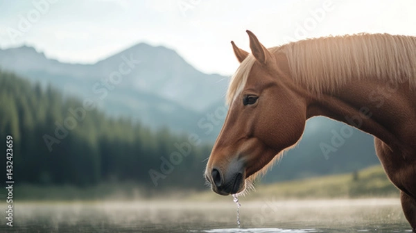 Obraz horse drinks water from serene lake with misty mountains in background, creating tranquil and picturesque scene. sunlight highlights horse mane, adding warmth to peaceful setting