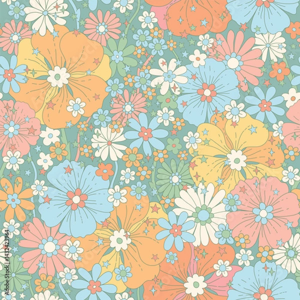 Obraz Artistic floral background. Decorative fabric and surface pattern design with hand drawn simple flowers. Nostalgic vintage groovy allover print. Retro style vector seamless pattern.