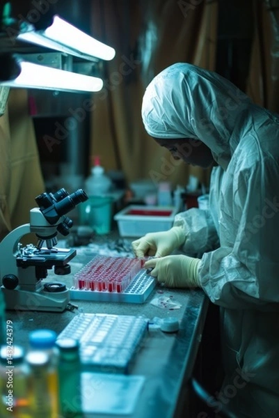 Fototapeta A small medical lab with tools and microscopes. A medical student studies a blood sample slide. The mood is quiet and focused