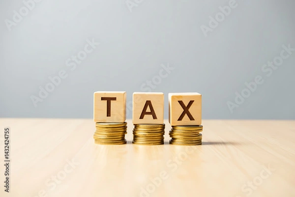 Obraz The Word TAX Spelled Out with Wooden Letter Tiles Resting on Stacks of Coins, Illustrating Financial Obligations and Taxation.