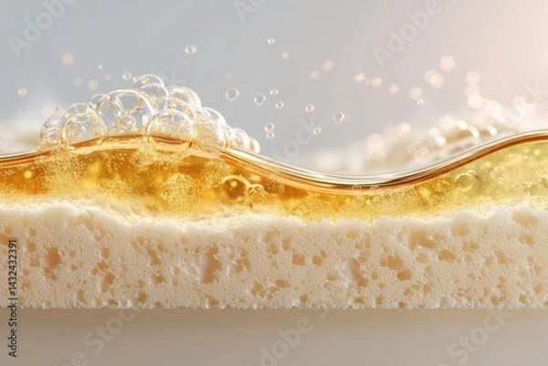 Fototapeta Cross-section of clean skin layers with golden serum gently absorbing through epidermis, soft white background and glow particles